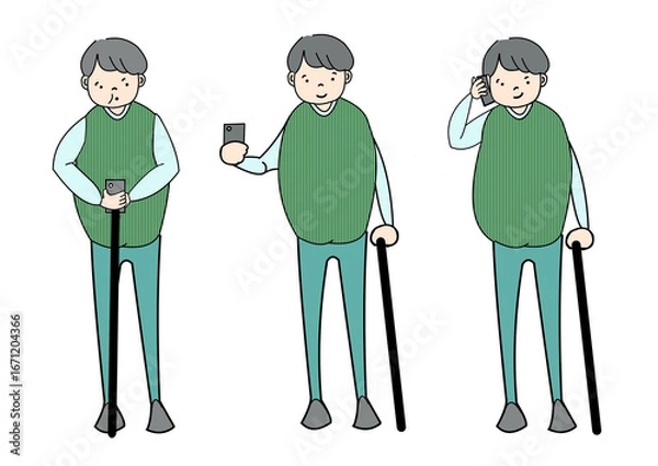 Fototapeta 杖と携帯を持ってる老人のカラーイラスト