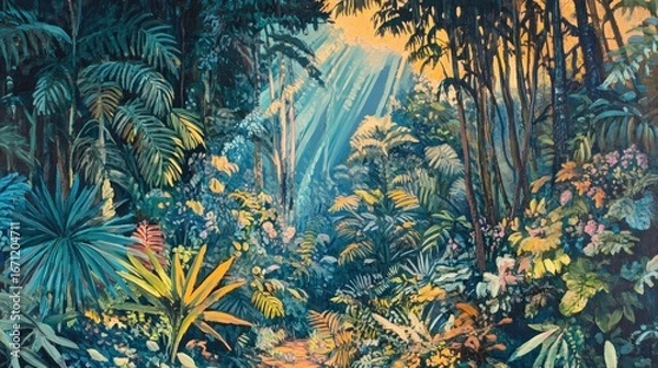 Fototapeta Lush painted scene of a vibrant jungle interior with light filtering through tall trees