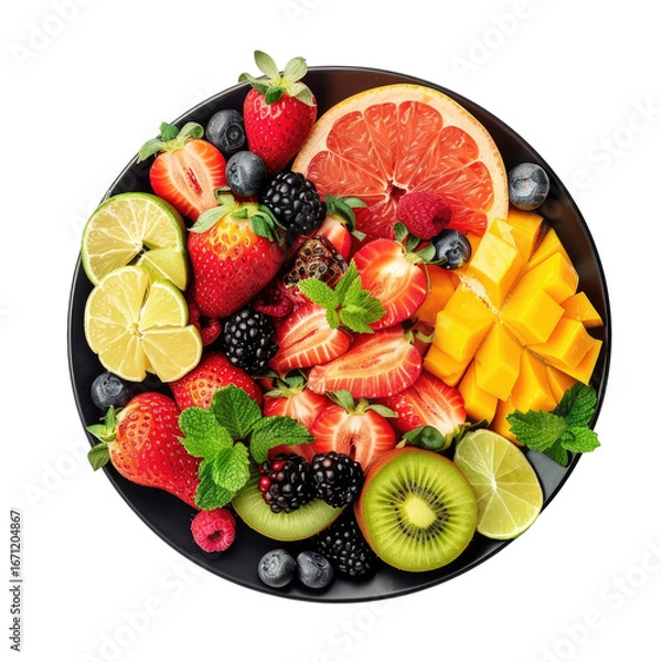 Obraz Vibrant array of fresh fruit slices on a dark plate.  A mix of juicy berries, citrus, and tropical fruits are artfully arranged in a colorful medley.  Fresh mint leaves accent the display