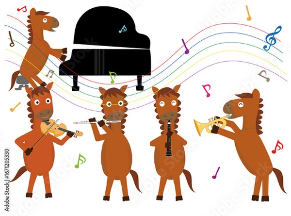 Fototapeta 2026年の年賀状のイラスト素材。馬が新年を祝って楽器を演奏している。