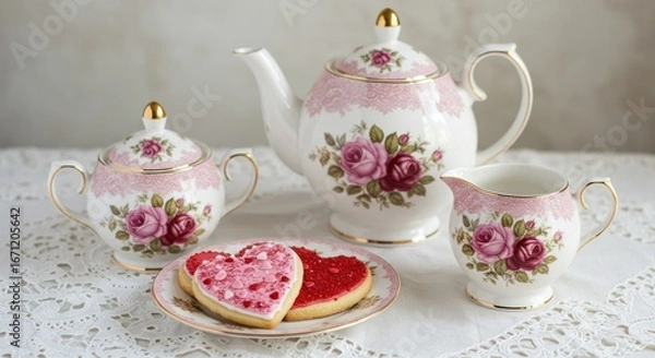 Fototapeta Elegant Tea Set with Heart-Shaped Cookies, Roses, and Delicate Lace