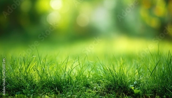 Obraz Close-up of vibrant green grass blades in sunlight, soft out-of-focus background of trees and foliage