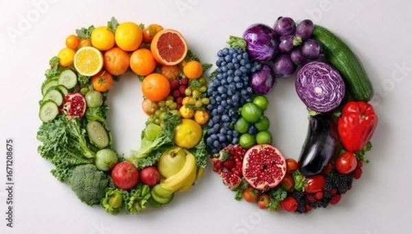 Fototapeta Colorful rainbow-hued fruits and vegetables arranged in two overlapping "0"s