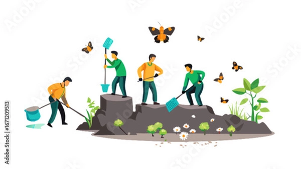 Fototapeta Dynamic team gardening together, planting trees and tending flowers with butterflies fluttering around, showcasing environmental stewardship and collaborative outdoor work
