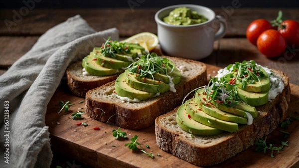 Obraz Delicious avocado toast with microgreens, cream cheese, and spices. Perfect for a healthy breakfast or brunch.