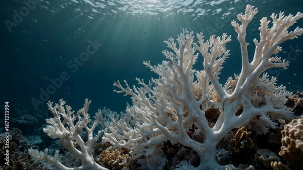 Obraz Stunning underwater shot of bleached coral against a deep blue ocean backdrop. Sunbeams pierce the water.