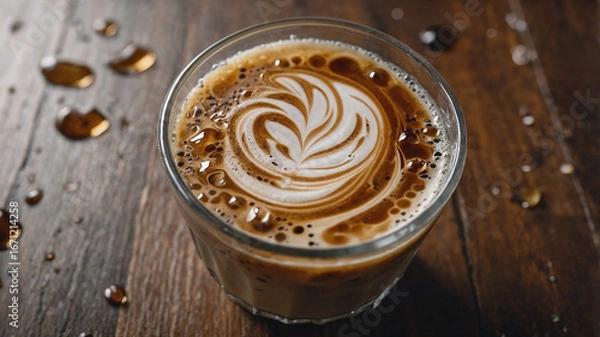 Obraz Close-up of a latte with beautiful latte art in a glass on a wooden table. Coffee spills present.