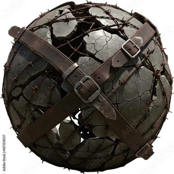 Fototapeta Detailed close-up of a textured sphere with leather straps and buckles