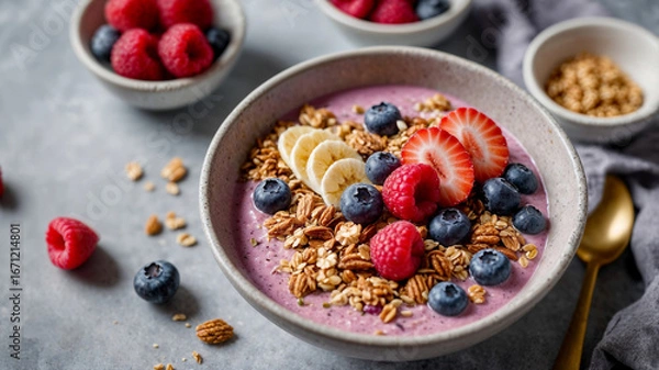 Obraz Healthy breakfast smoothie bowl topped with fresh berries, banana, and granola. Perfect for a healthy start!