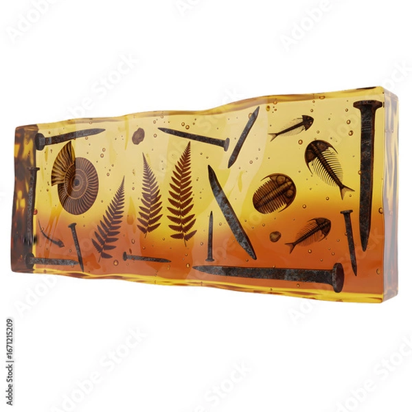 Fototapeta Fossilized ferns and nails embedded in amber resin block display