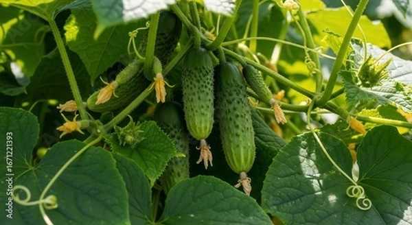 Fototapeta Close-up of Fresh Cucumbers Growing on Vine with Yellow Flowers and Leaves