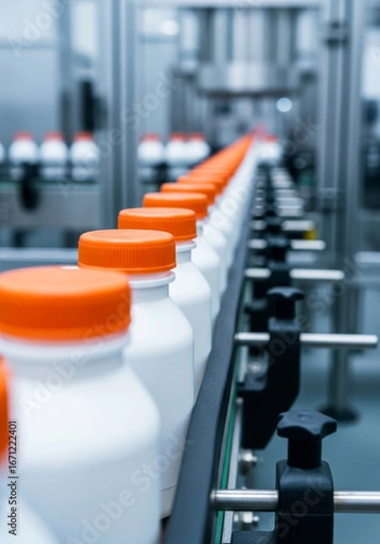 Fototapeta Bottles with orange caps moving on a conveyor belt in a pharmaceutical factory