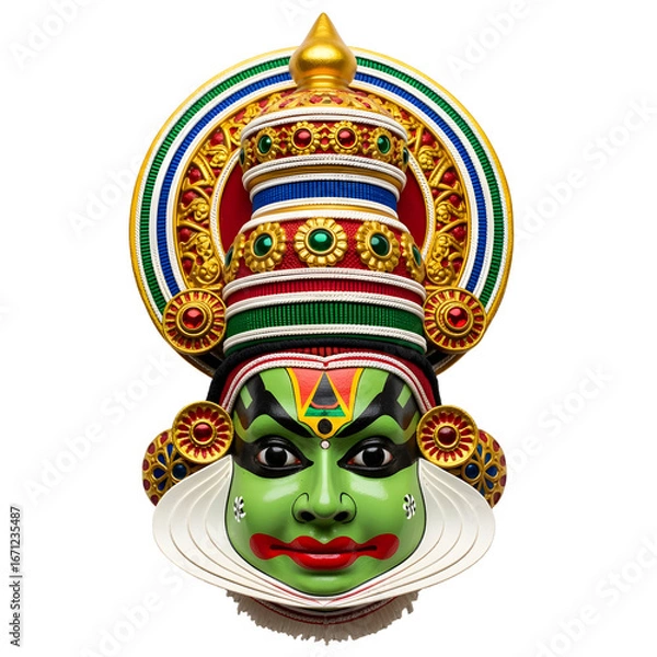 Fototapeta Closeup of Kathakali mask featuring vibrant colors intricate details  elaborate headdress on white or transparent background