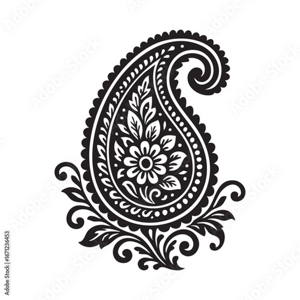 Fototapeta Clean sari paisley vector pattern, solid black motifs, white background.