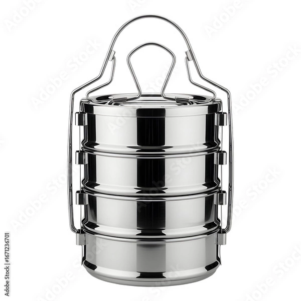 Obraz Stacked cylindrical metal tiffin carrier with chrome frame on white or transparent background