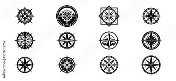 Fototapeta Collection of twelve vintage compass rose designs in black and white for nautical themes