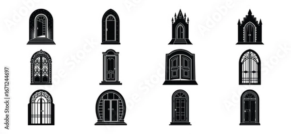 Fototapeta Collection of Gothic Style Door and Window Silhouettes in Black and White