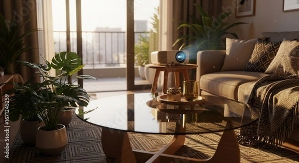 Fototapeta Modern Living Room with Projector and Plants