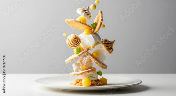 Fototapeta Abstract airborne lemon meringue pie elements forming a visually striking dessert sculpture with powdered sugar dust and minimalistic plate presentation
