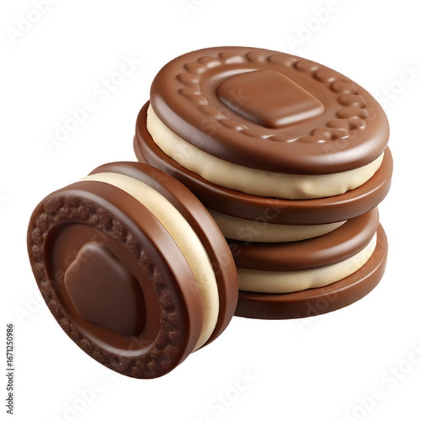 Fototapeta Chocolate Sandwich Cookies Stack 3D Render Illustration with Cream Filling