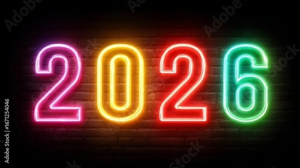 Fototapeta Happy new year "2026"vibrant glowing typography with gradient rainbow neon festive futuristic celebration banner