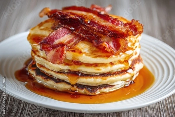Fototapeta Stacked pancakes topped with crispy bacon and syrup