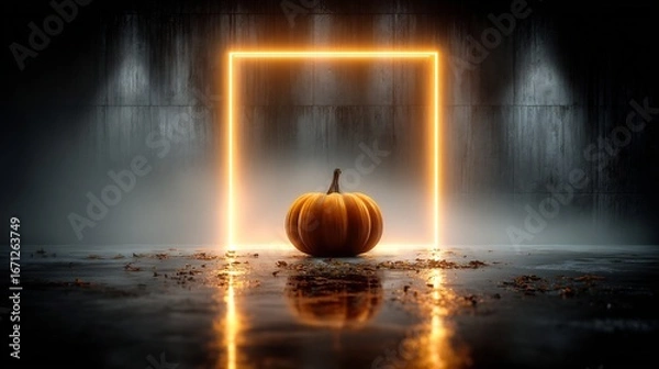 Obraz Minimal halloween poster orange square with glowing neon pumpkin outline modern clean geometric spooky vibe