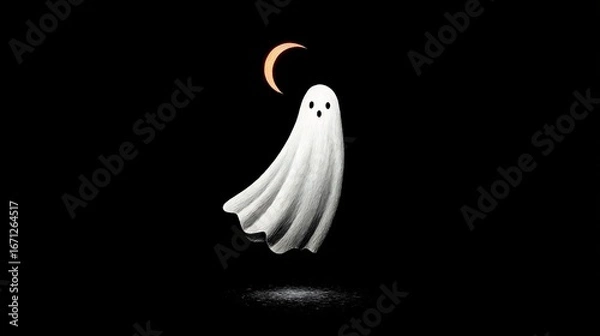 Obraz Minimal halloween wallpaper black background thin crescent moon white ghost outline floating clean elegant spooky style