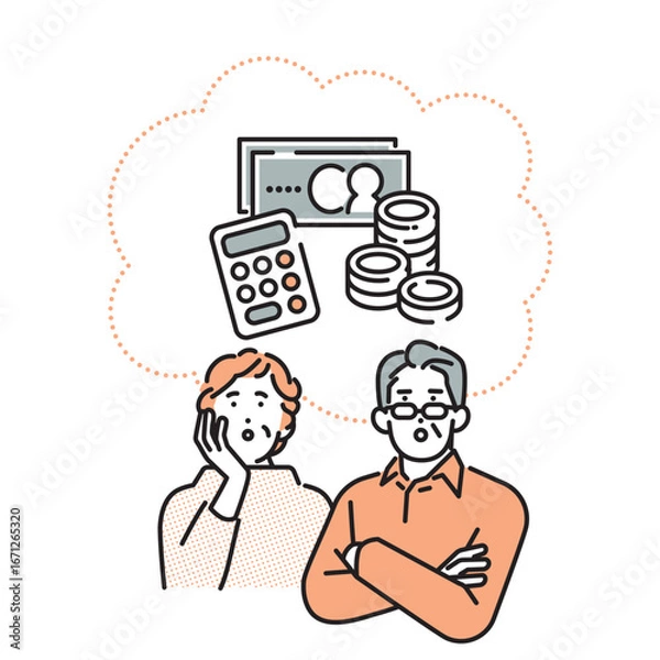 Obraz シンプル　イラスト　資産運用について考えるシニアの男女　人物