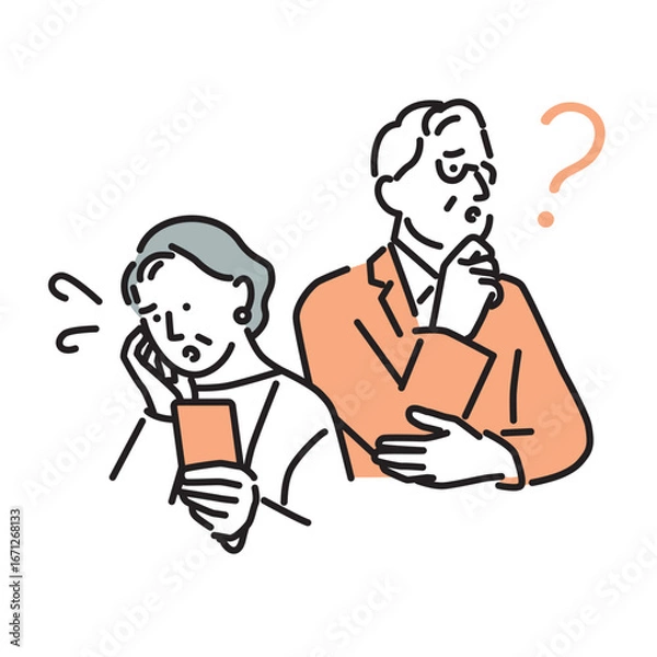 Fototapeta シンプル　イラスト　スマホを持って考え込むシニアの男女　人物