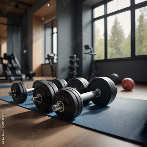 Obraz モダンなホームジムに、ヨガマットとダンベルが並ぶ様子