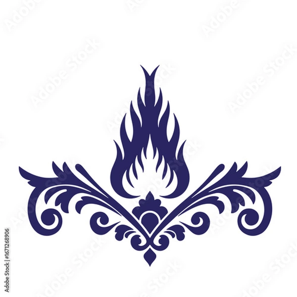 Fototapeta Elegant navy blue floral flourish design with stylized flame elements on a white background