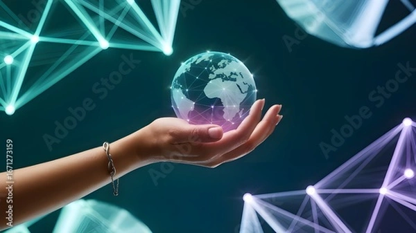 Fototapeta Woman's hand cradles glowing digital Earth surrounded by abstract luminous network structures symbolizing global connectivity and future technology.