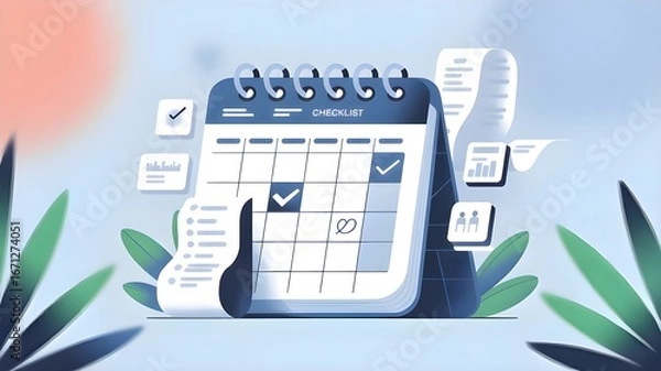 Fototapeta Organize your life with this modern checklist and calendar illustration, featuring tasks completed and important dates marked for productivity.