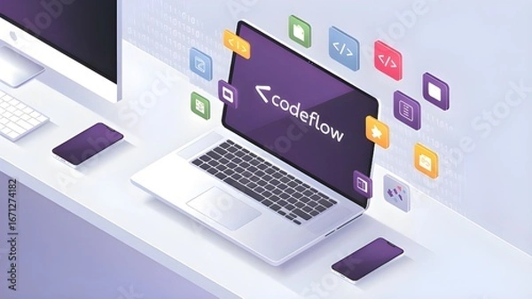 Fototapeta Modern workspace showcases innovative technology with laptop, phones, and digital icons, symbolizing progress and digital transformation.