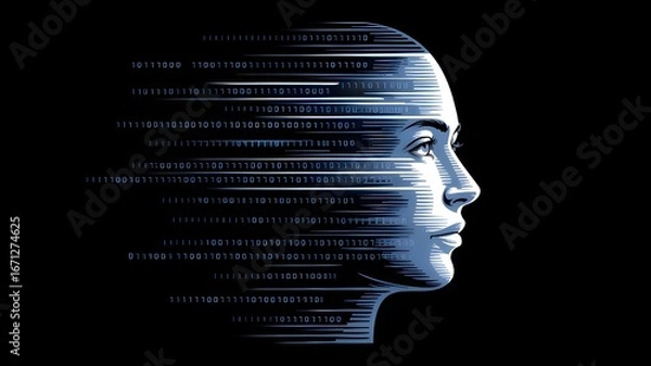 Fototapeta Captivating digital portrait blends human intelligence with data streams, symbolizing AI and technological evolution.