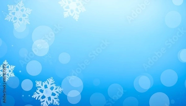 Obraz Abstract festive blue winter background with decorative white snowflakes and blurred bokeh lights for a Christmas or New Year design concept