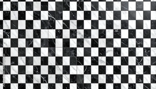 Fototapeta Checkerboard pattern of black and white marble tiles