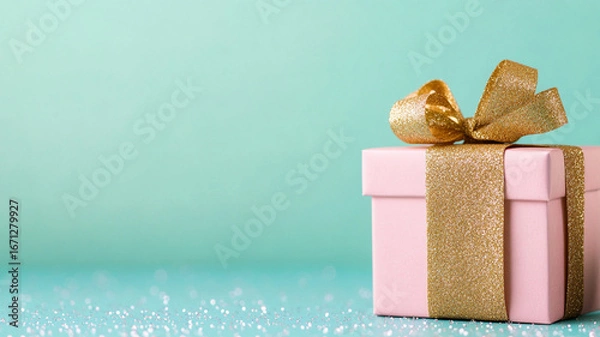 Fototapeta Pink gift box wrapped with sparkling gold ribbon and bow on turquoise background with glitter scattered around, festive and elegant