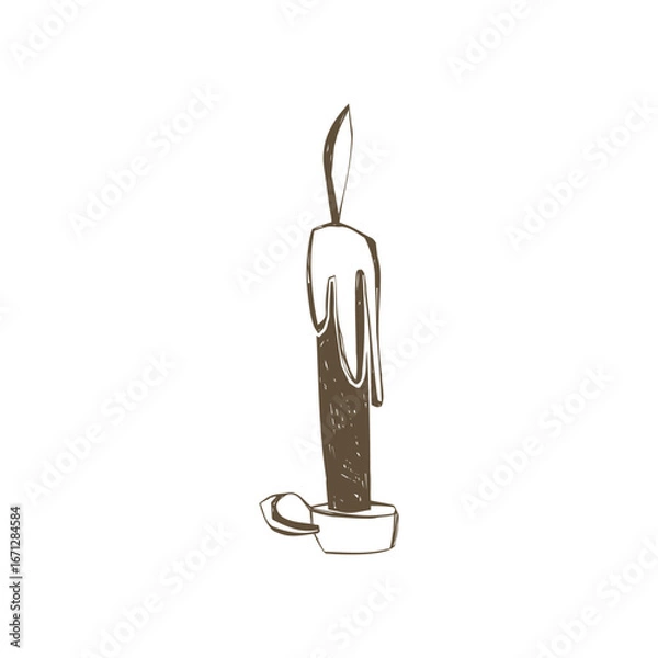 Fototapeta Candle with dripping wax hand drawn in sketch style on black background for spooky mystical design and decor