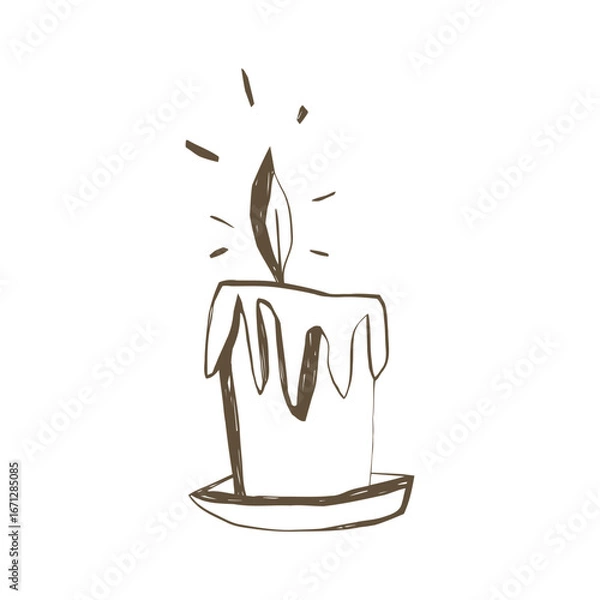 Fototapeta Burning candle with melted wax hand drawn in sketch style for gothic and holiday design