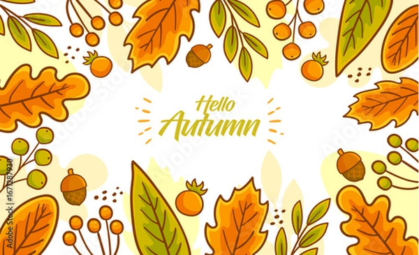 Obraz Bright autumn background with colorful fall leaves, maple, and oak branches. Perfect seasonal vector design and illustration for banners, wallpapers, Thanksgiving, and nature-themed projects.