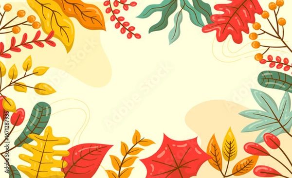 Obraz Beautiful autumn background with colorful fall leaves, pumpkins, acorns, and warm seasonal elements. Perfect for banners, invitations, social media posts, and festive autumn design projects.