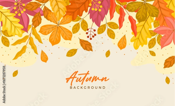 Obraz Bright autumn background with colorful fall leaves, maple, and oak branches. Perfect seasonal vector design and illustration for banners, wallpapers, Thanksgiving, and nature-themed projects.