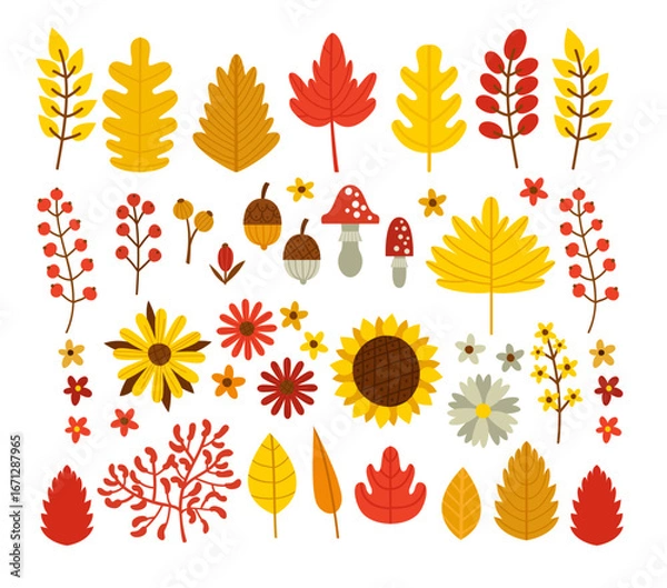 Obraz Collection of autumn-themed elements including colorful leaves, acorns, mushrooms, flowers, and berries in warm fall colors. Perfect for seasonal designs, crafts, invitations, and decoration projects.