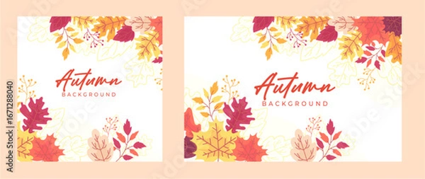Obraz Bright autumn background with colorful fall leaves, maple, and oak branches. Perfect seasonal vector design and illustration for banners, wallpapers, Thanksgiving, and nature-themed projects.