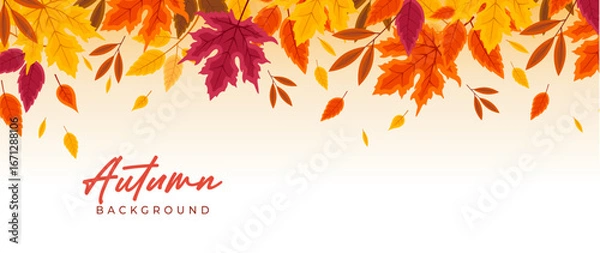 Obraz Bright autumn background with colorful fall leaves, maple, and oak branches. Perfect seasonal vector design and illustration for banners, wallpapers, Thanksgiving, and nature-themed projects.