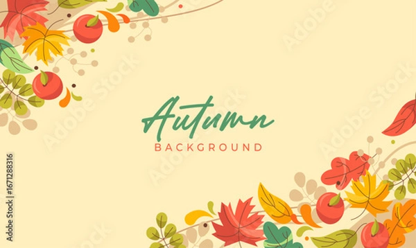 Obraz Bright autumn background with colorful fall leaves, maple, and oak branches. Perfect seasonal vector design and illustration for banners, wallpapers, Thanksgiving, and nature-themed projects.