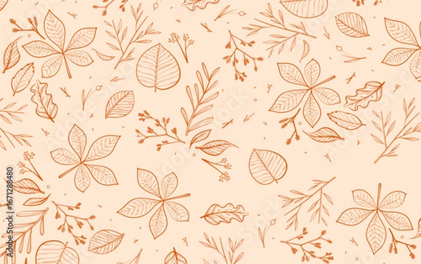 Obraz Seamless pattern of delicate autumn leaves and botanical elements in soft orange tones. Ideal for backgrounds, wallpapers, fabric prints, stationery, and seasonal design projects with a natural, elega