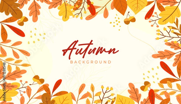 Obraz Beautiful autumn background with colorful fall leaves, pumpkins, acorns, and warm seasonal elements. Perfect for banners, invitations, social media posts, and festive autumn design projects.